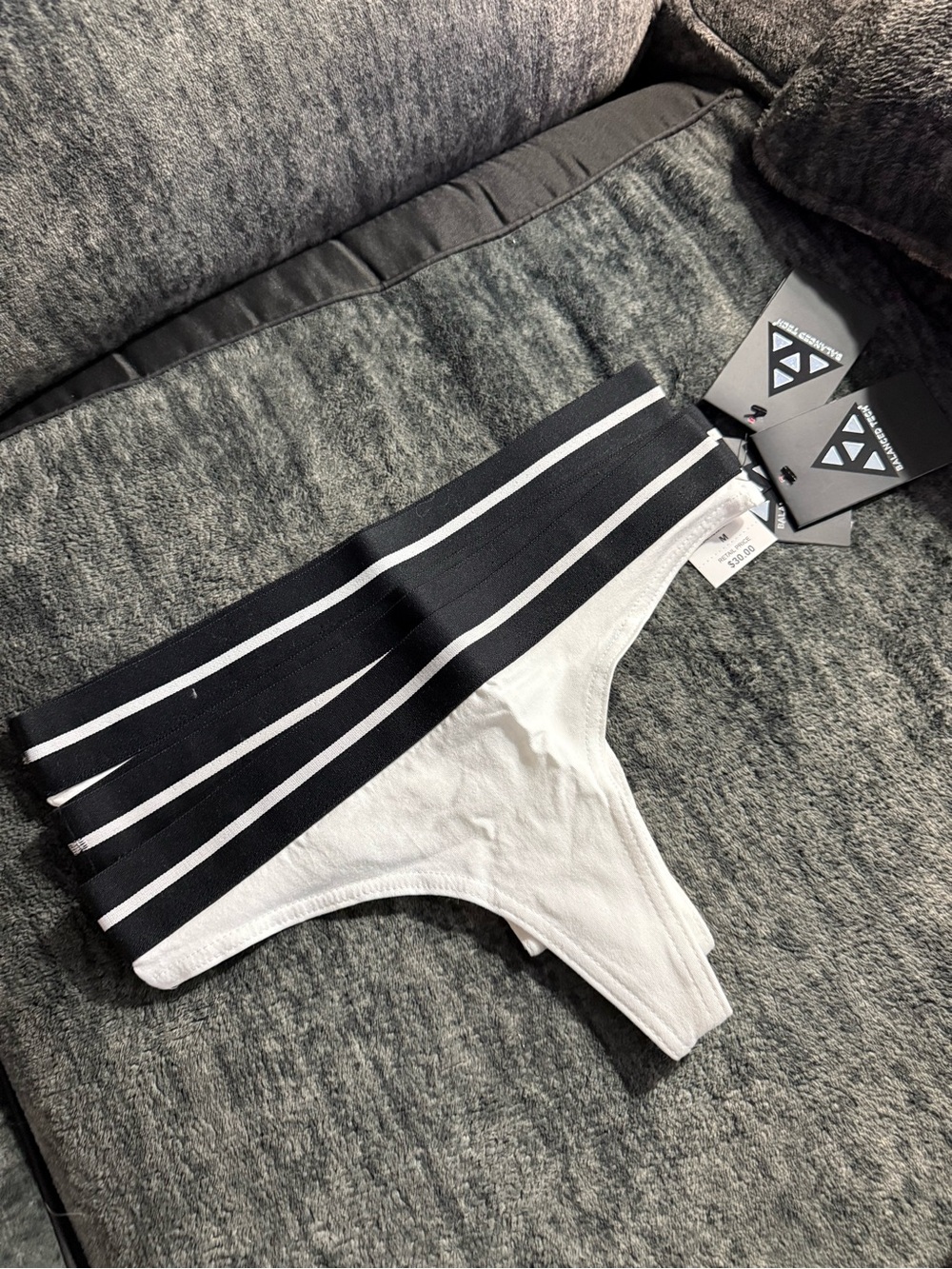 Striped Wide-Waistband White Thong Panty 3-pack
